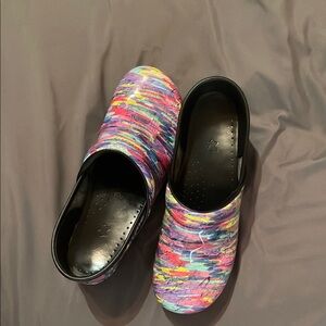 Dansko Purple and Pink Mules with Vibrant Design